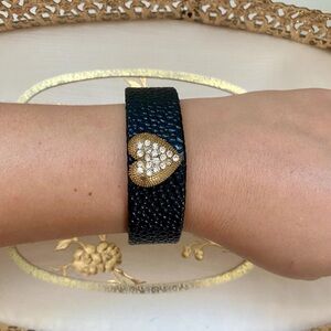 Witchy Whimsygoth Black Faux Leather Gold Rhinestone Heart Cuff Bracelet
